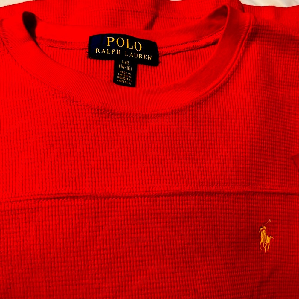 Ralph Lauren Polo long sleeve. Red in color with a yellow polo emblem.